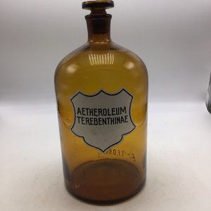 Apothecary Bottle Glass Amber Brown Stopper Label 10.5" Aetherol Antique Vintage